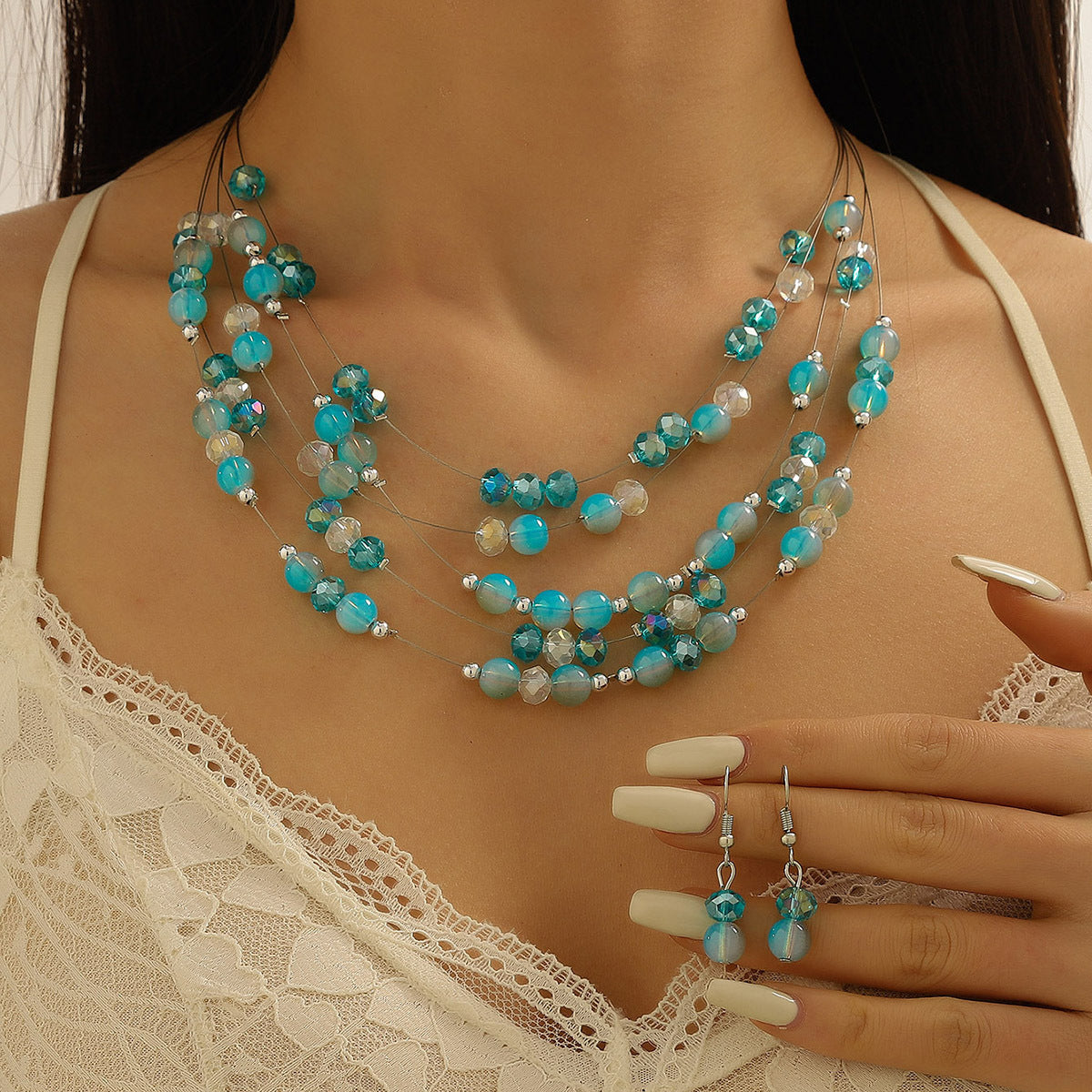 Women's Fashion Style Korean Love Pink Beaded Simple Graceful Jewelry Set