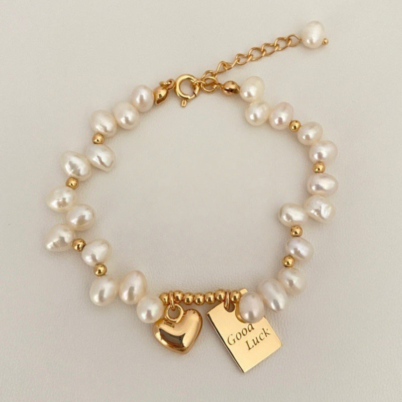 Retro Fashion Pearl Lucky Square Plate Heart Bracelet