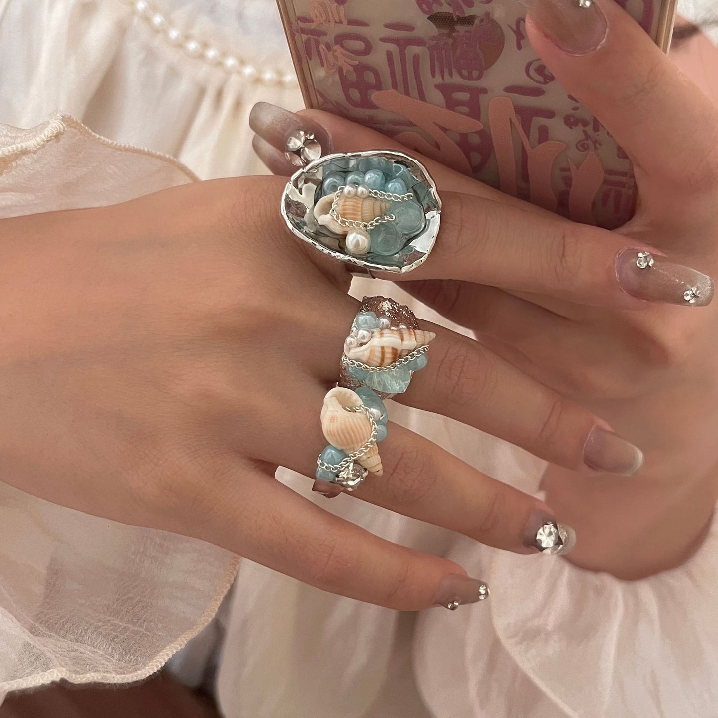 Style Natural Water Blue Stone Shell Handmade Cold Wind Metal Rings