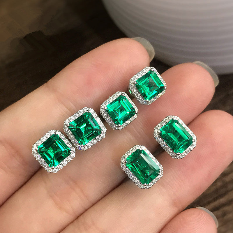 Women's Exquisite Square Ear Full Diamond Inlaid With Green Earrings