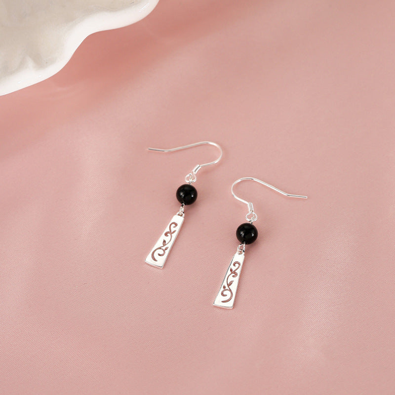 Black Agate Round Beads Female Niche High-grade Versatile Exquisite Ear Hook