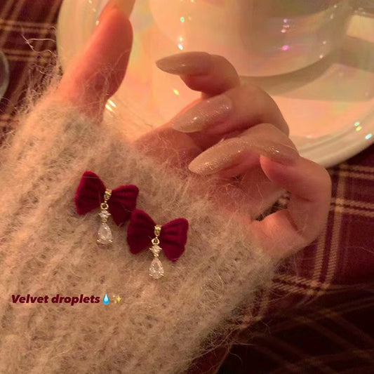 Needle Flocking Bow Pearl Tassel Red Rings