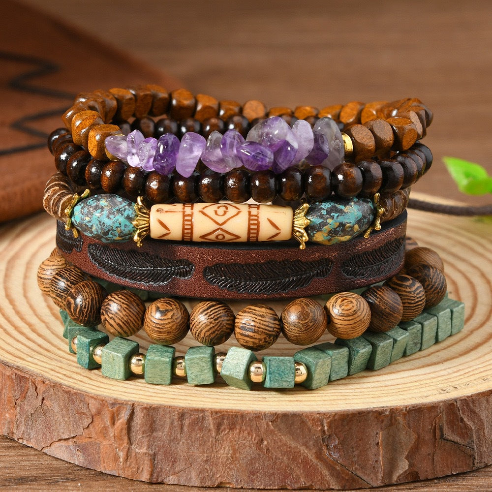 Wooden Bead Leather Rope Twin Ethnic Bracelet