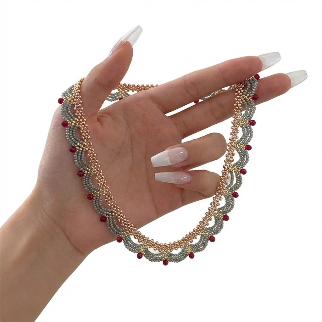 Women's Chinese Lace Red Blue Together Beaded Sense Of National Necklace