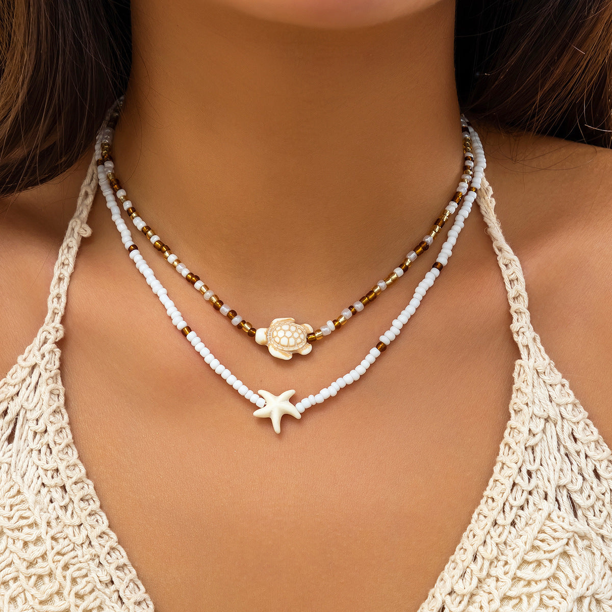 Women's Ocean Style Beads Stringed Clavicle Starfish Shell Necklaces