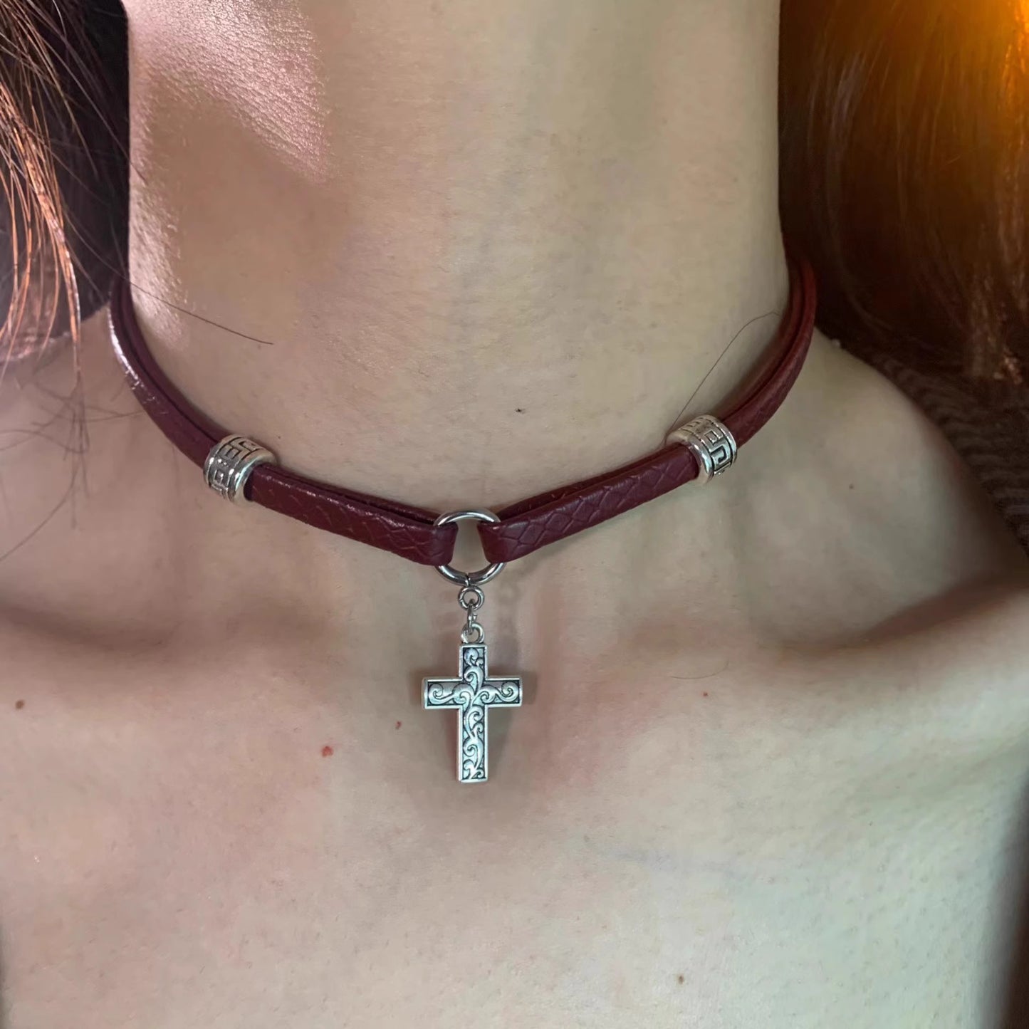 Style Leather Collar Wine Red Cross Clavicle Pendants