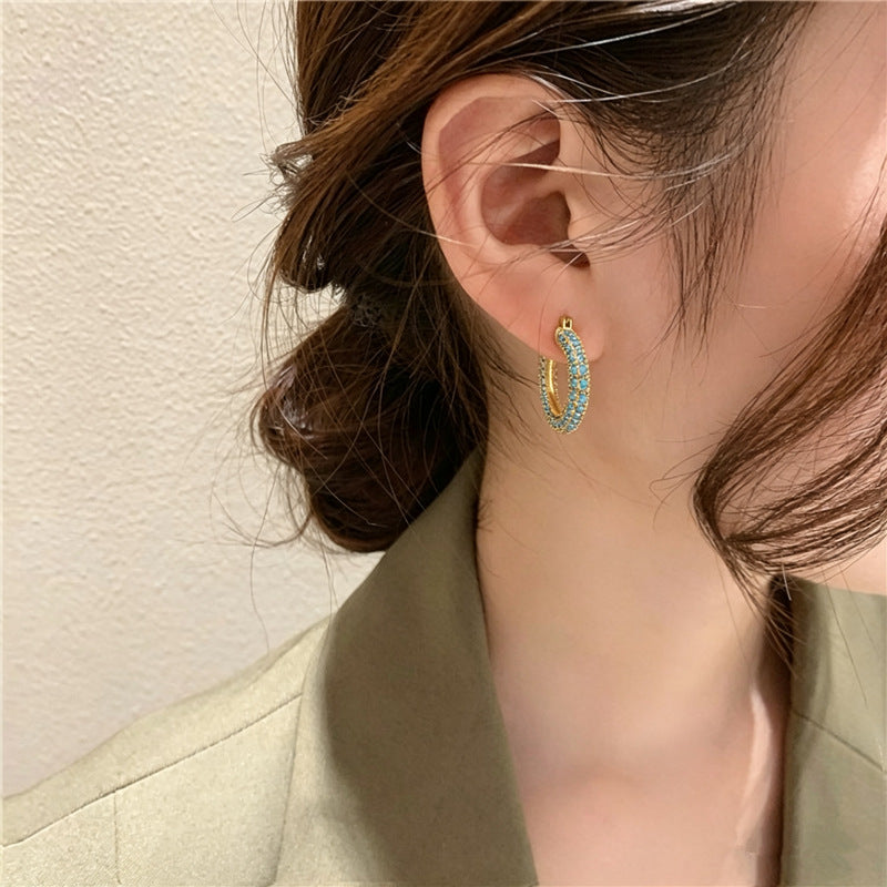 Turquoise Micro Inlaid Zircon Geometric Hoop Cold Wind Ear Niche Earrings