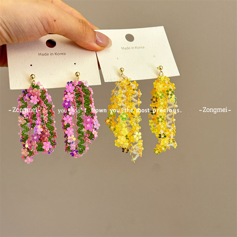 Imported Laser Flower Handmade Ear Clip Beaded Combination Earrings
