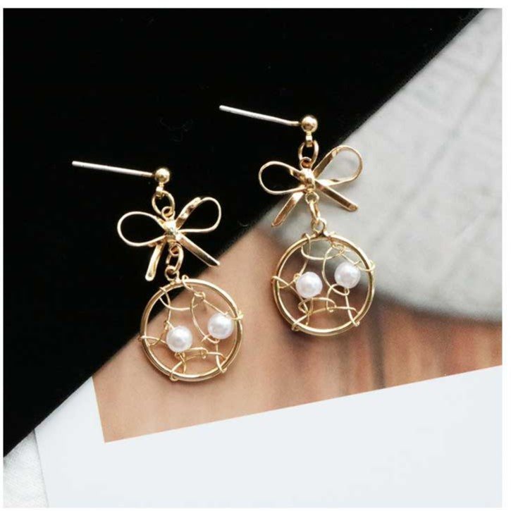 Sier Needle Dream Catcher Super Fairy Temperament Bow Earrings