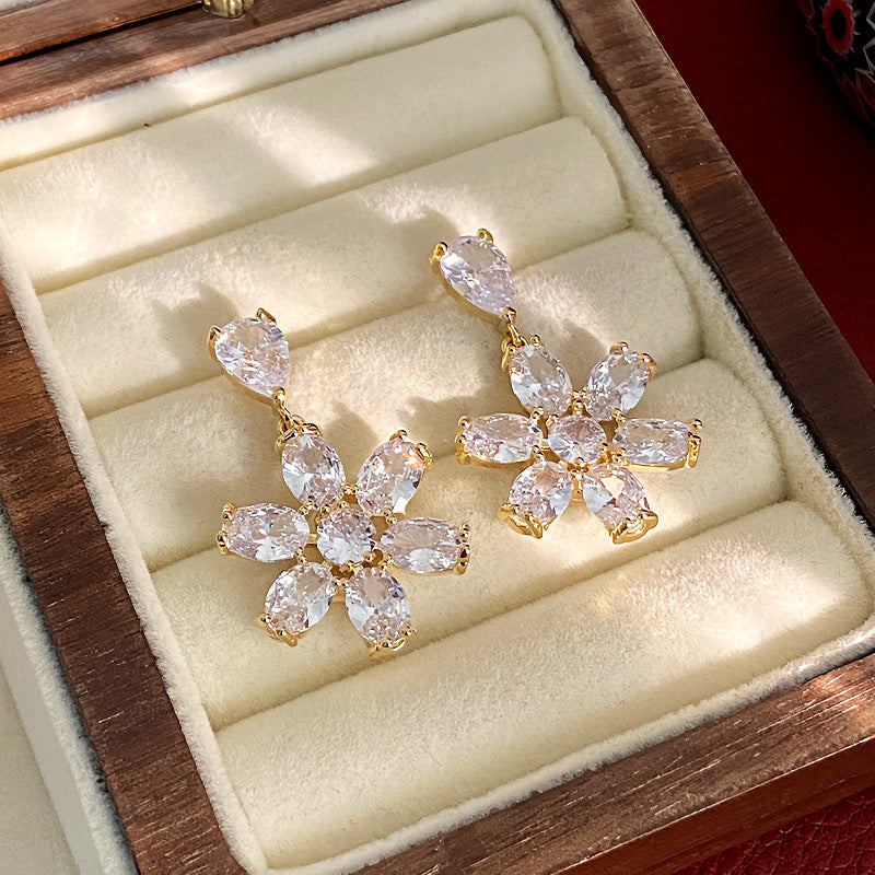 Women's Sier Needle Flower Color Zircon Mori Sweet Fashion Earrings