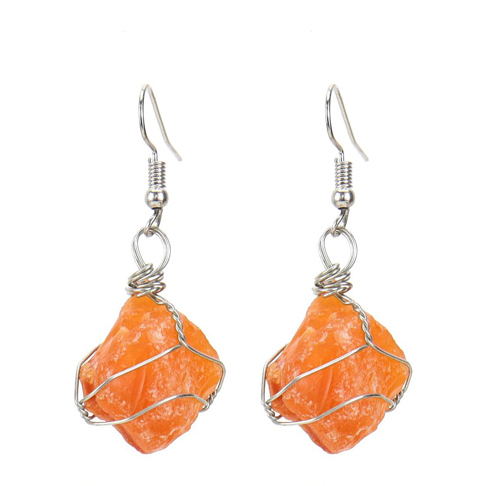 Women's Handmade Sier Winding Natural Stone Rough Crystal Agate Earrings