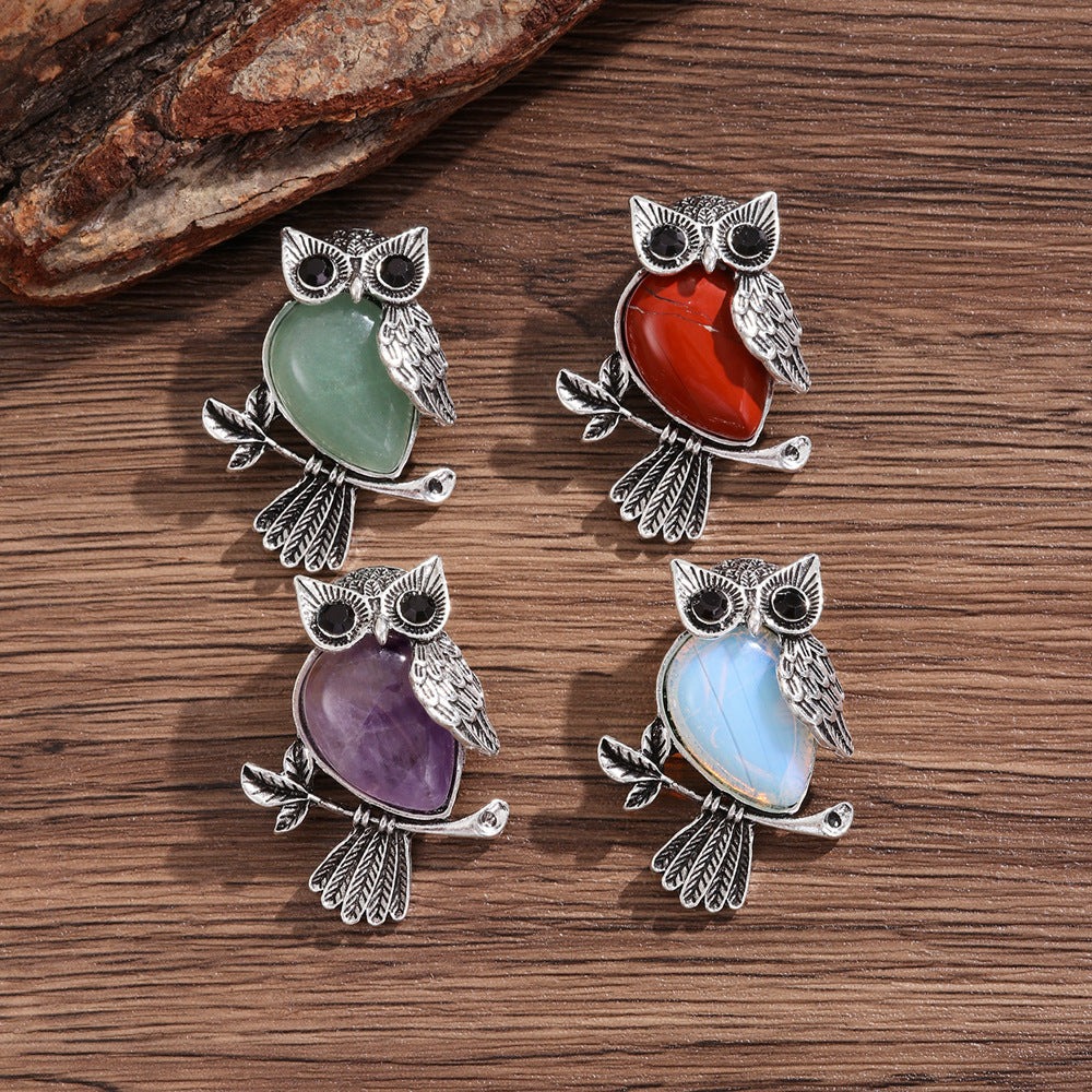 Natural Stone Crystal Owl Brooch Cute Brooches