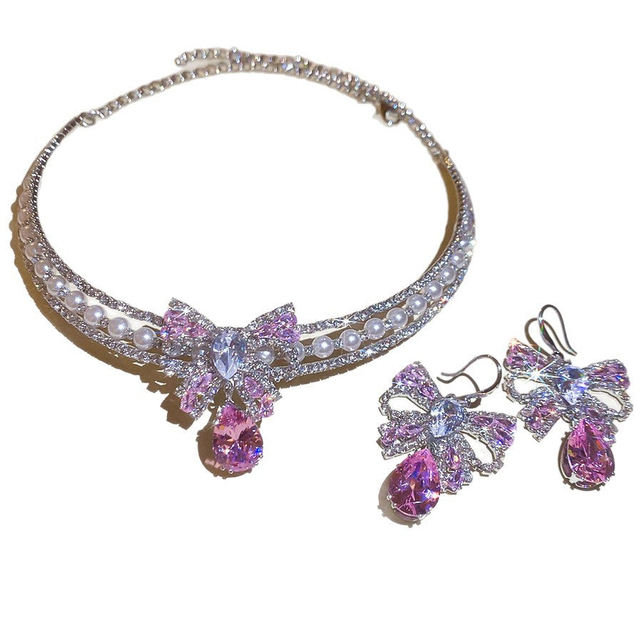 Style Gold Pink Zircon Sweet Elegant Graceful Light Luxury Jewelry Set