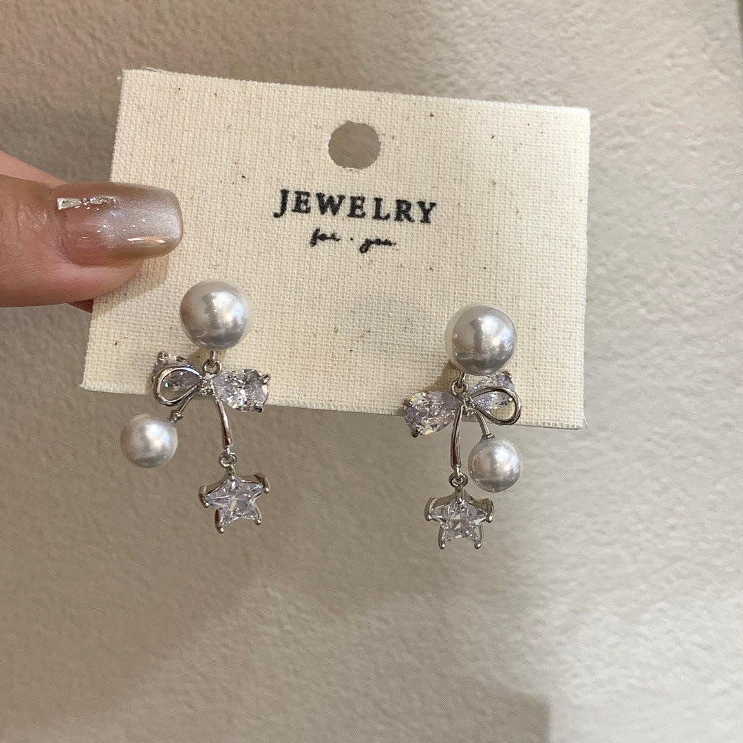 Women's Minority Design Zircon Pearl Bow Front Back Fashionable Earrings