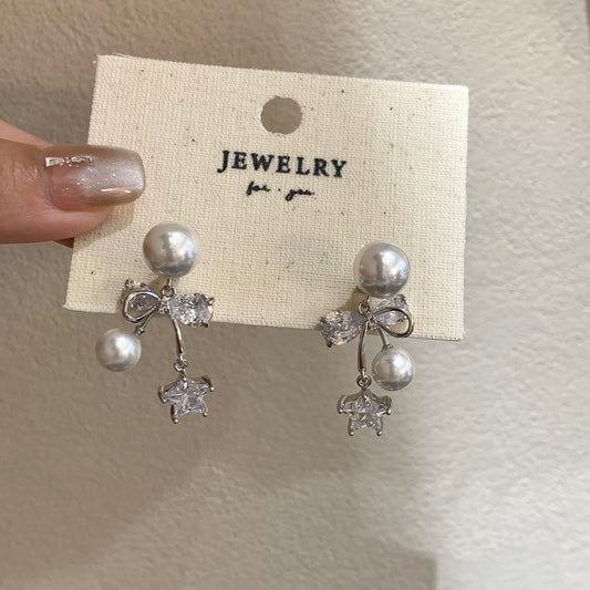 Women's Minority Design Zircon Pearl Bow Front Back Fashionable Earrings