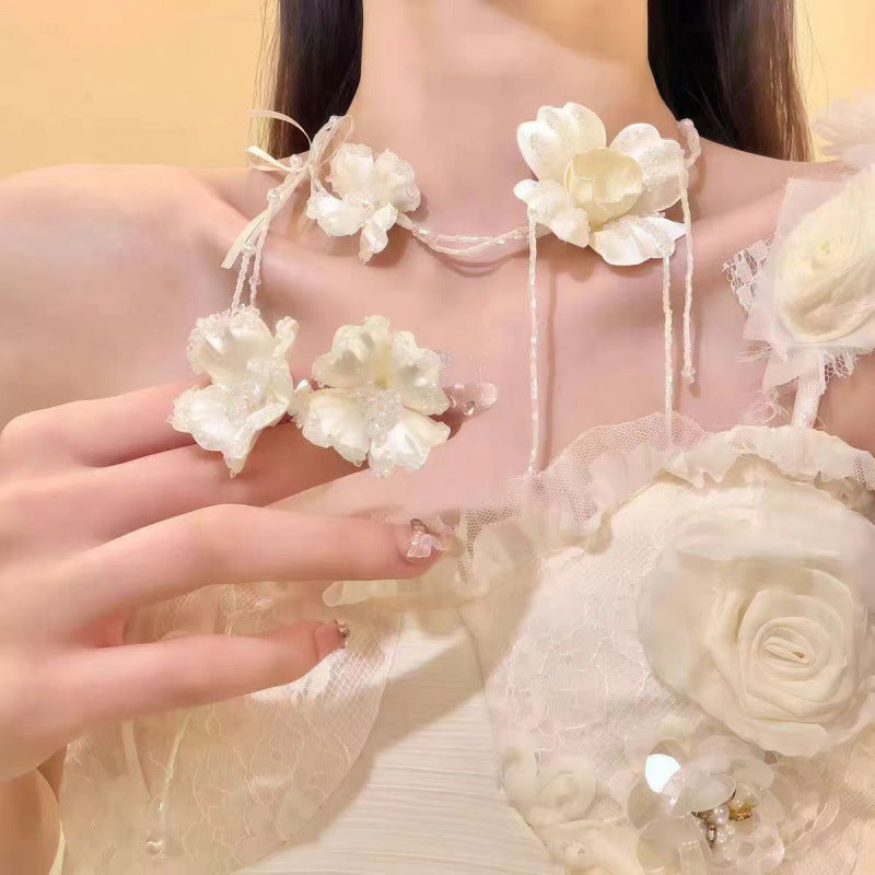 Fairy Handmade Flower Beaded Clavicle Chain Bow Tassel Bridal Wedding Necklace