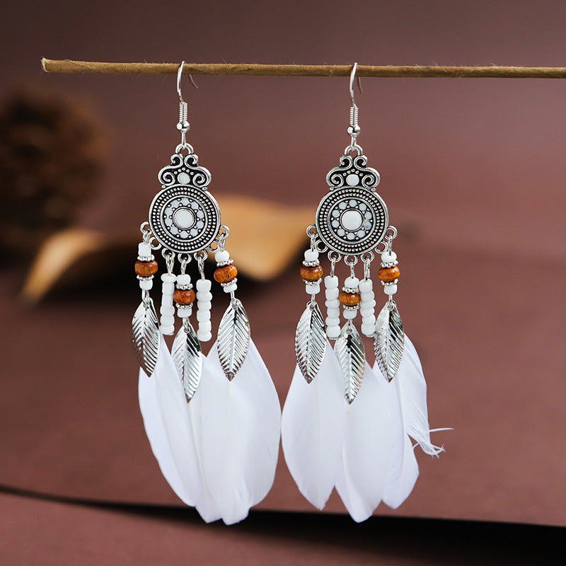 Feather Round Drop Oil Craft Retro Ethnic Earrings