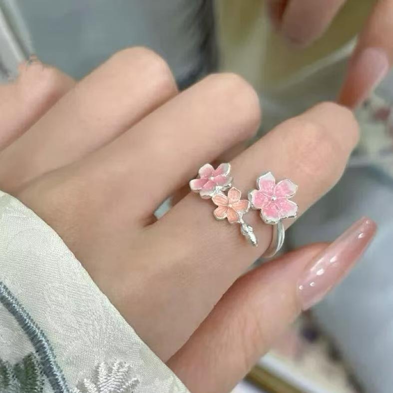Light Luxury Niche Chinese Enamel Cherry Blossom Cute Cat Ring