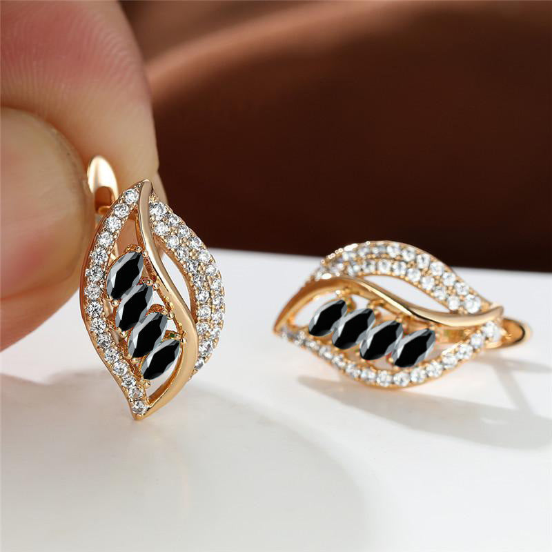 Green Empty Female Champagne Gold Four Diamond Leaf Micro High Stud Earrings
