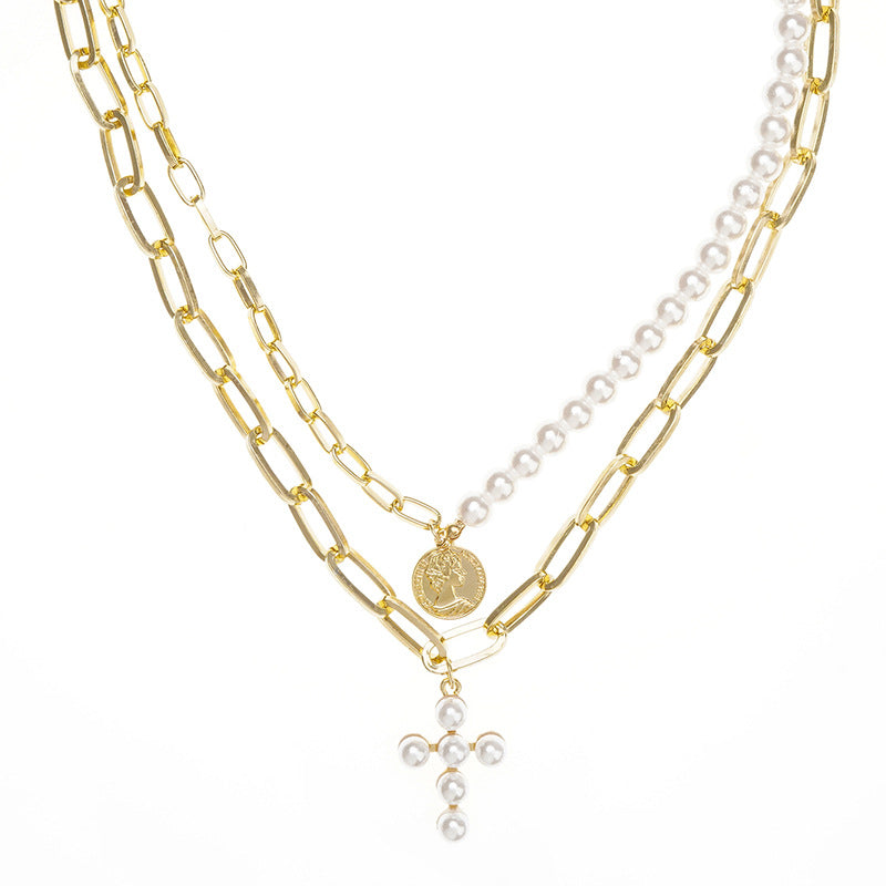 Cross Pearl Retro Style Seal Inlaid Necklaces