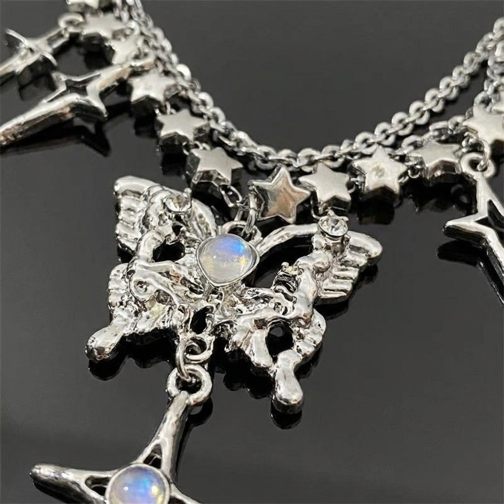 Cool Hot Rhinestone Butterfly Star Moon Tassel Multilayer Collarbone Female Necklace