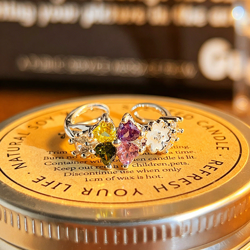 Matching Colored Gems Enamel Dopamine Flower Sweet Zircon Gentle White Rings