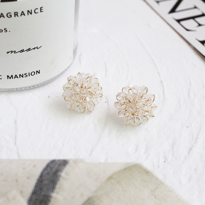 Sier Needle Handmade Round White Crystal Floral Ball Fairy Earrings