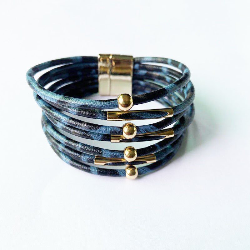 Print Magnetic Buckle Leather String Beads Rope Bracelets