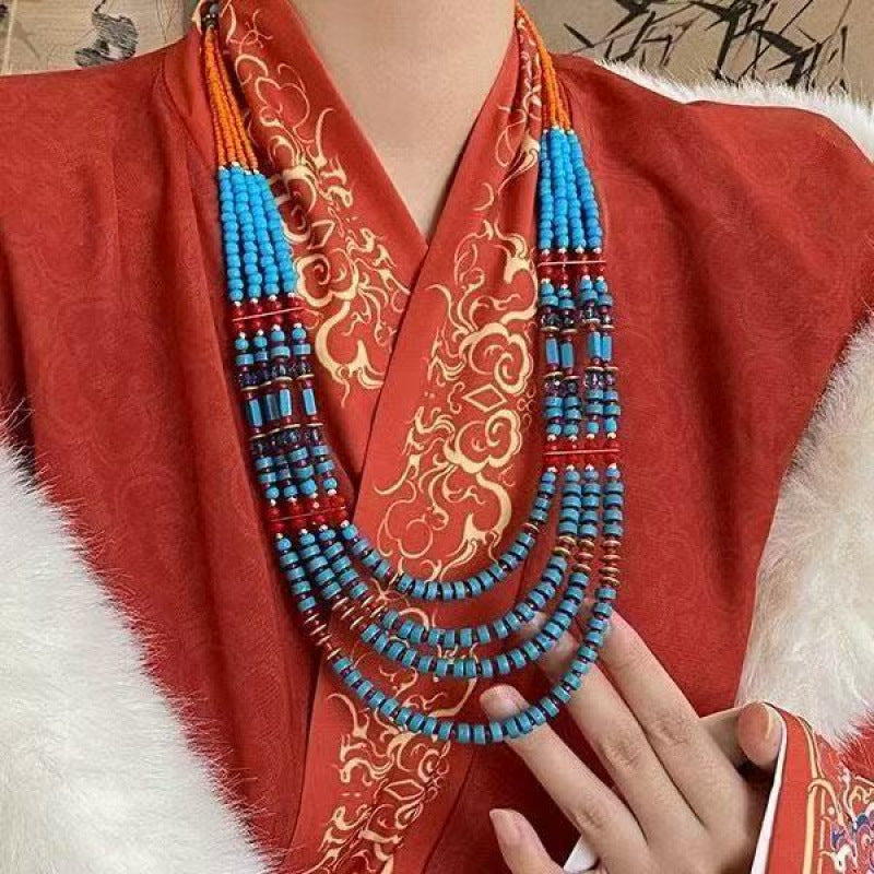 Women's Chinese Style Twin Tibetan Classical Beaded Clavicle Necklace
