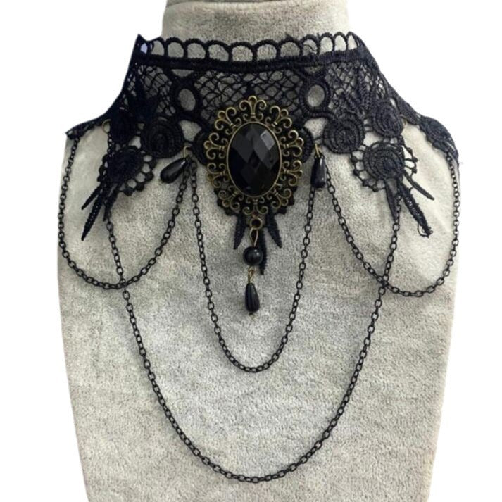 Lace Big Stone Wide Black Punk Necklaces