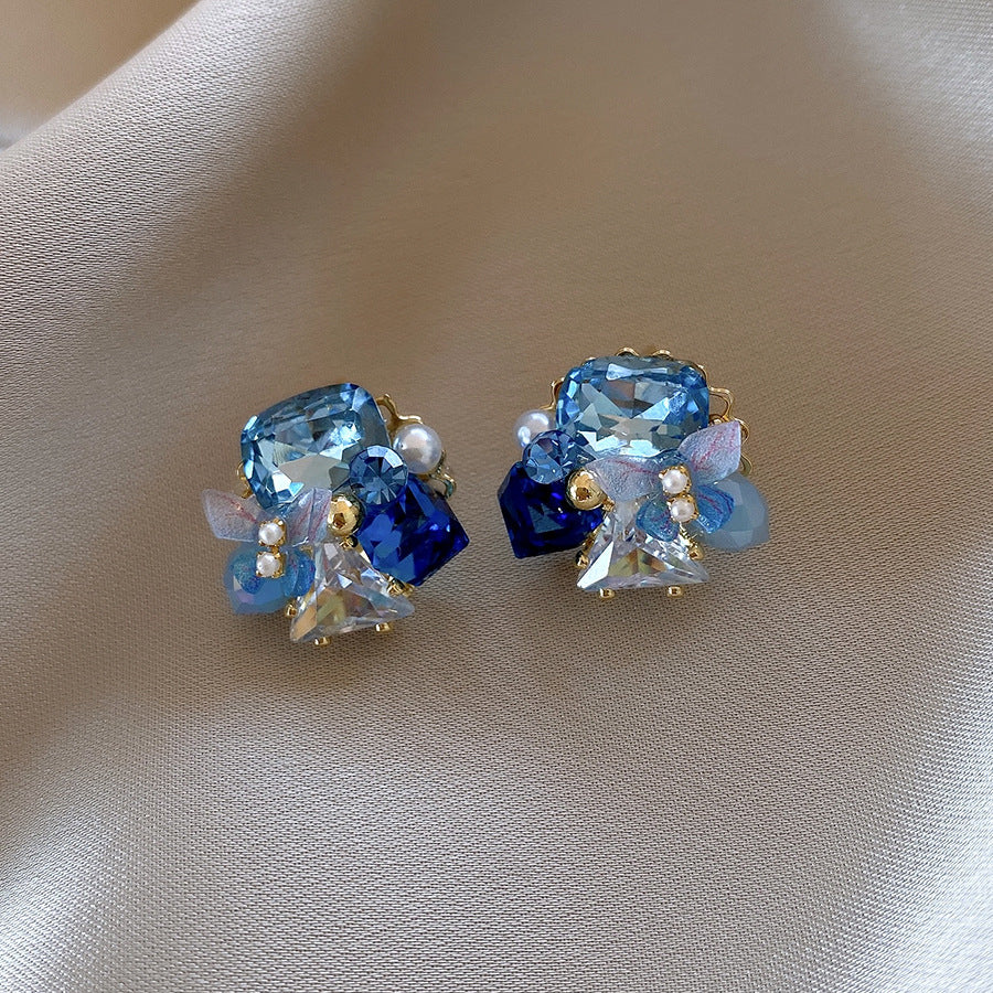 Blue Crystal Butterfly Flower Fashion Simple Fresh Light Luxury High Earrings