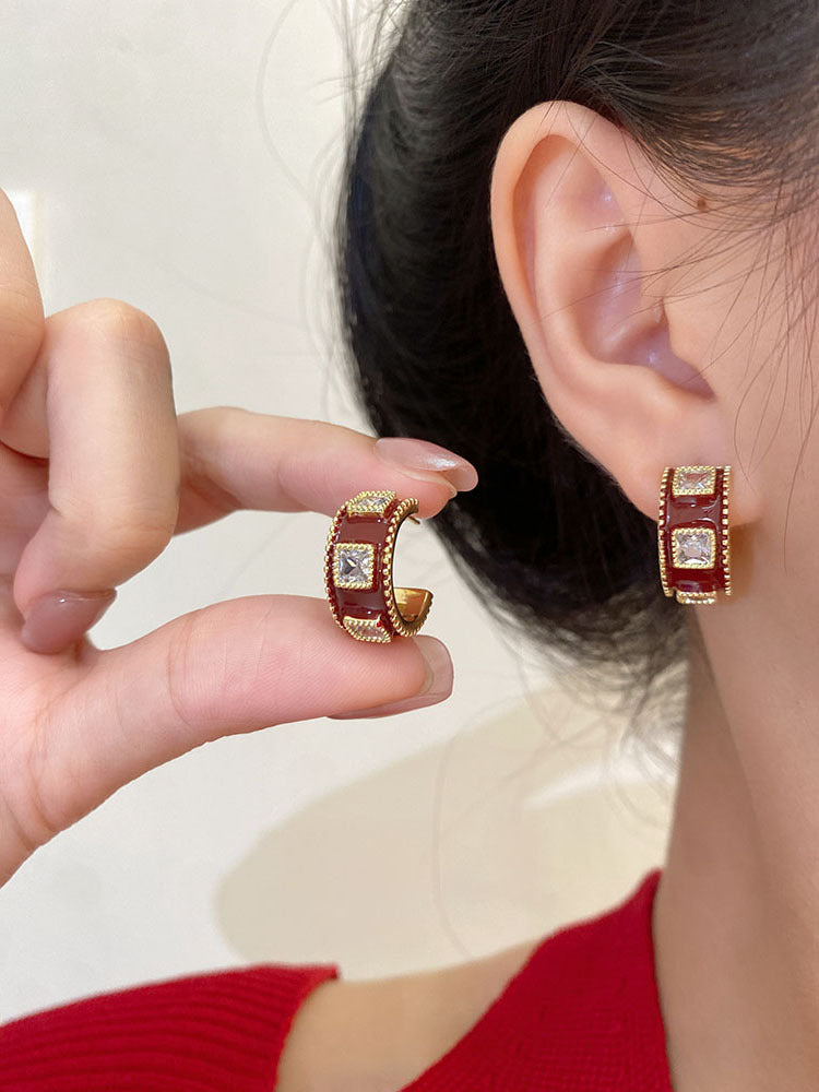 Women's Sier Needle Red Geometric Ear Korean Earrings