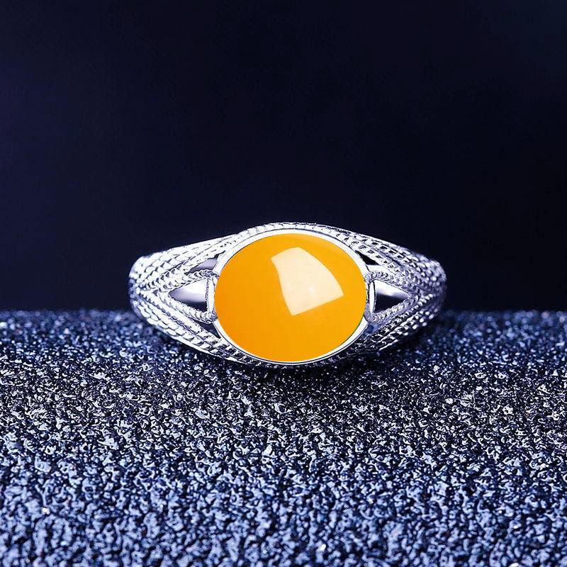 Chalcedony Female Sterling Sier Inlaid Canary Stone Agate Adjustable Ring