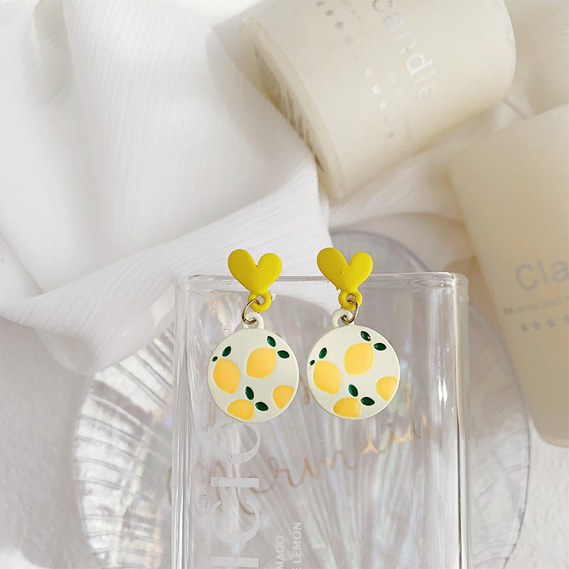 Fresh Love Heart Lemon Sweet Tide Niche Design Stud Earrings