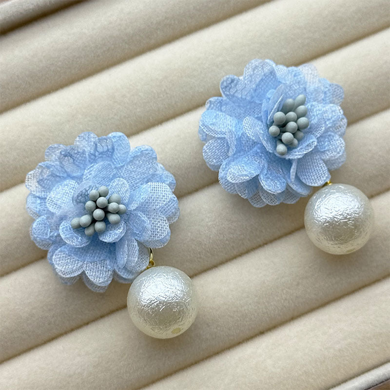 Women's Super Fairy Retro Fabric Chiffon Flower Sier Needle Stud Earrings