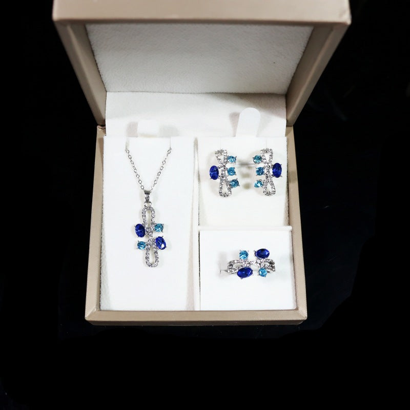 Simple Inlaid Aquamarine Magic Color Three-piece Necklace