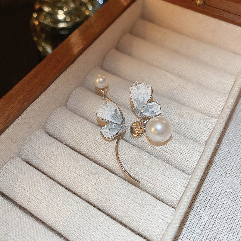Blue Crystal Butterfly Flower Fashion Simple Fresh Light Luxury High Earrings
