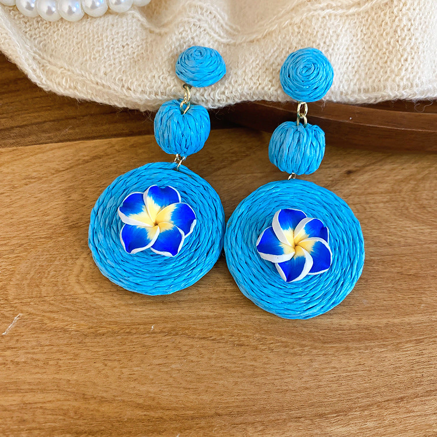 Women's Fresh Blue Fabric Flower Tassel Seaside Vacation Style Light Stud Earrings