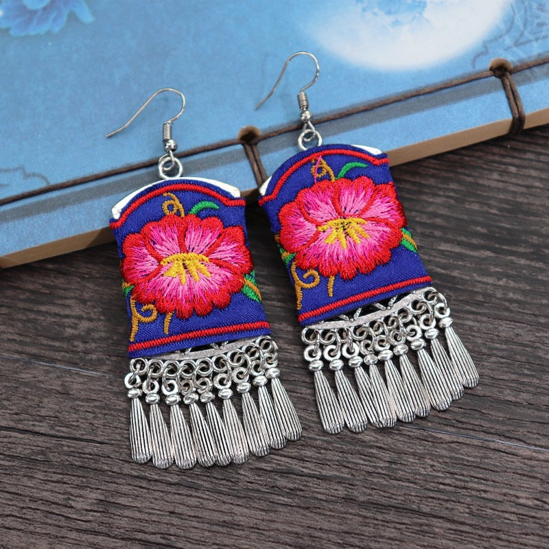 Women's Retro Ethnic Style Handmade Embroidered Fabric Long Flower Earrings