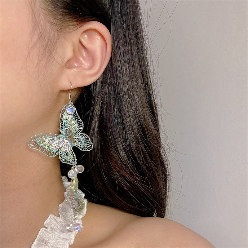 Korean Style Retro Green Butterfly Long Asymmetric Earrings