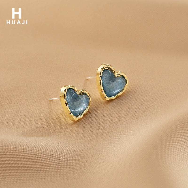 Women's Blue Loving Heart Small Simple Cold Style High Sense Temperamental Stud Earrings