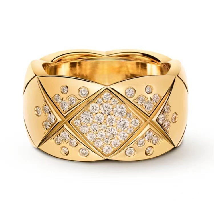 High Version Narrow Wide Gold-plated Diamond Grid Rings