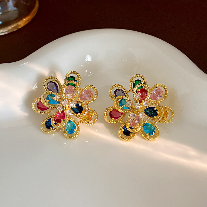 Women's Sier Needle Flower Color Zircon Mori Sweet Fashion Earrings