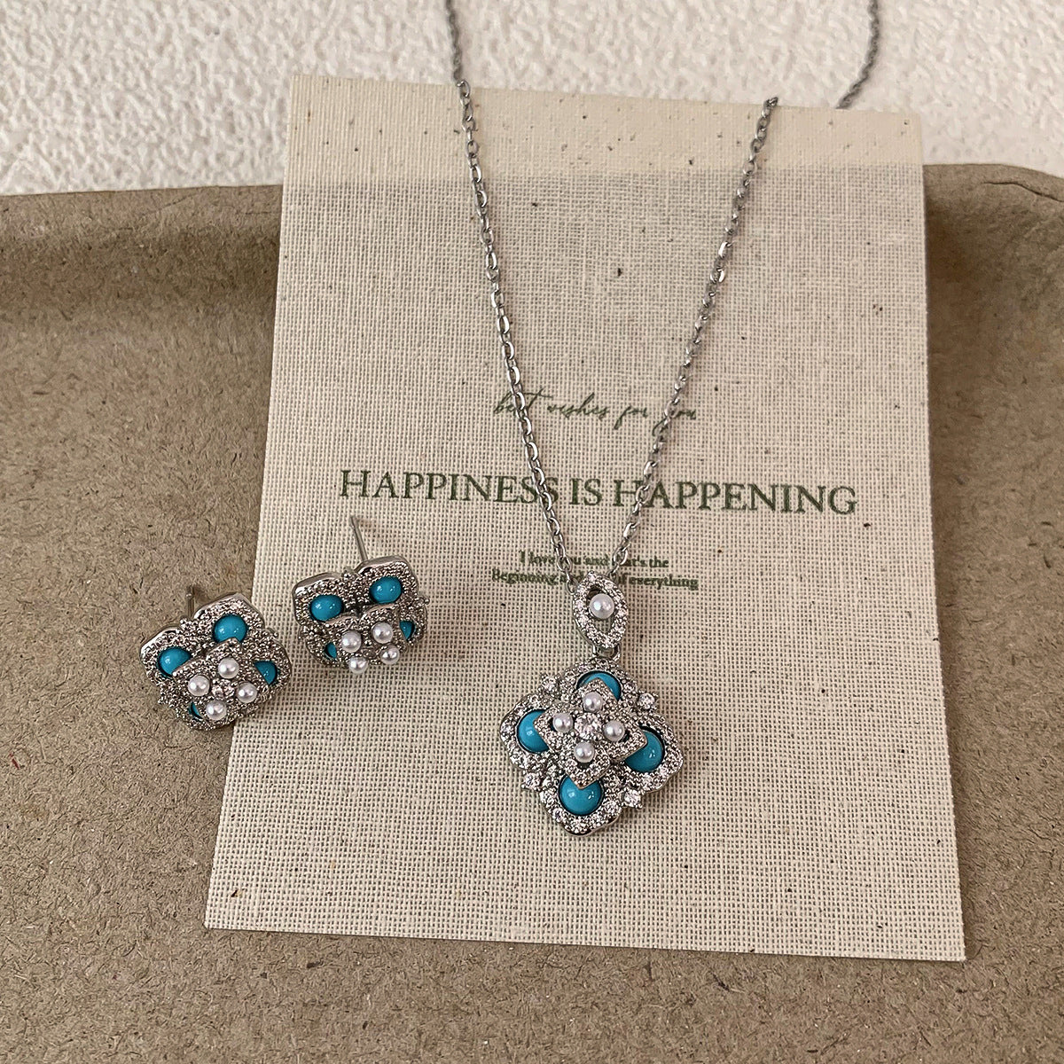 Zircon Turquoise Four-leaf Flower Pearl Ear Female Necklaces