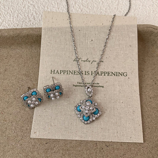 Zircon Turquoise Four-leaf Flower Pearl Ear Female Necklaces