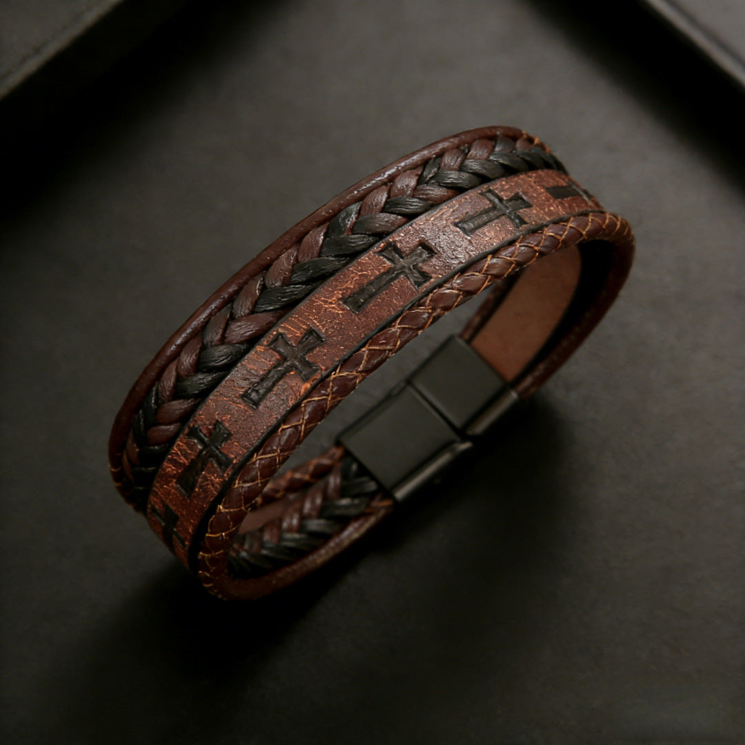 Men's Woven Leather Cross Magnetic Snap Trendy Cool Bracelets