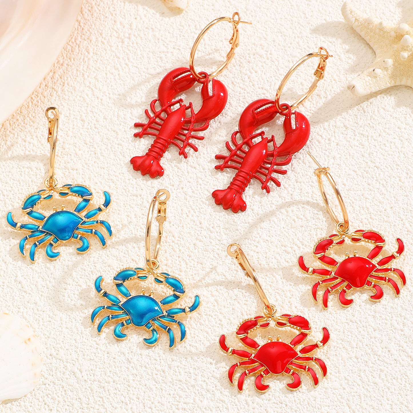 Women's Beach Ocean Vacation Style Alloy Dripping Oil Red Lobster Blue Earrings