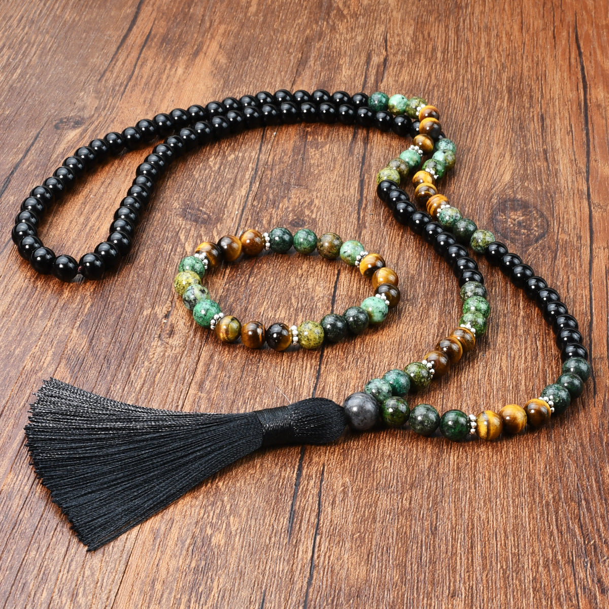 Women's Vintage Black Stone Natural Beaded Long Tassel Sweater Jewelry Set