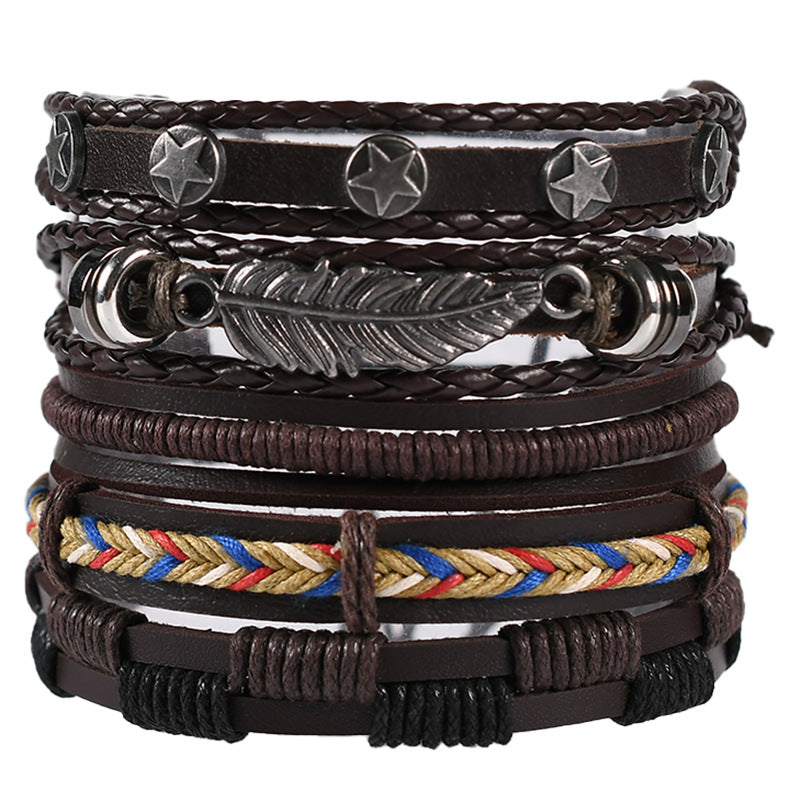 Vintage Weave Cattle Leather Leaves Star Combination Bracelets