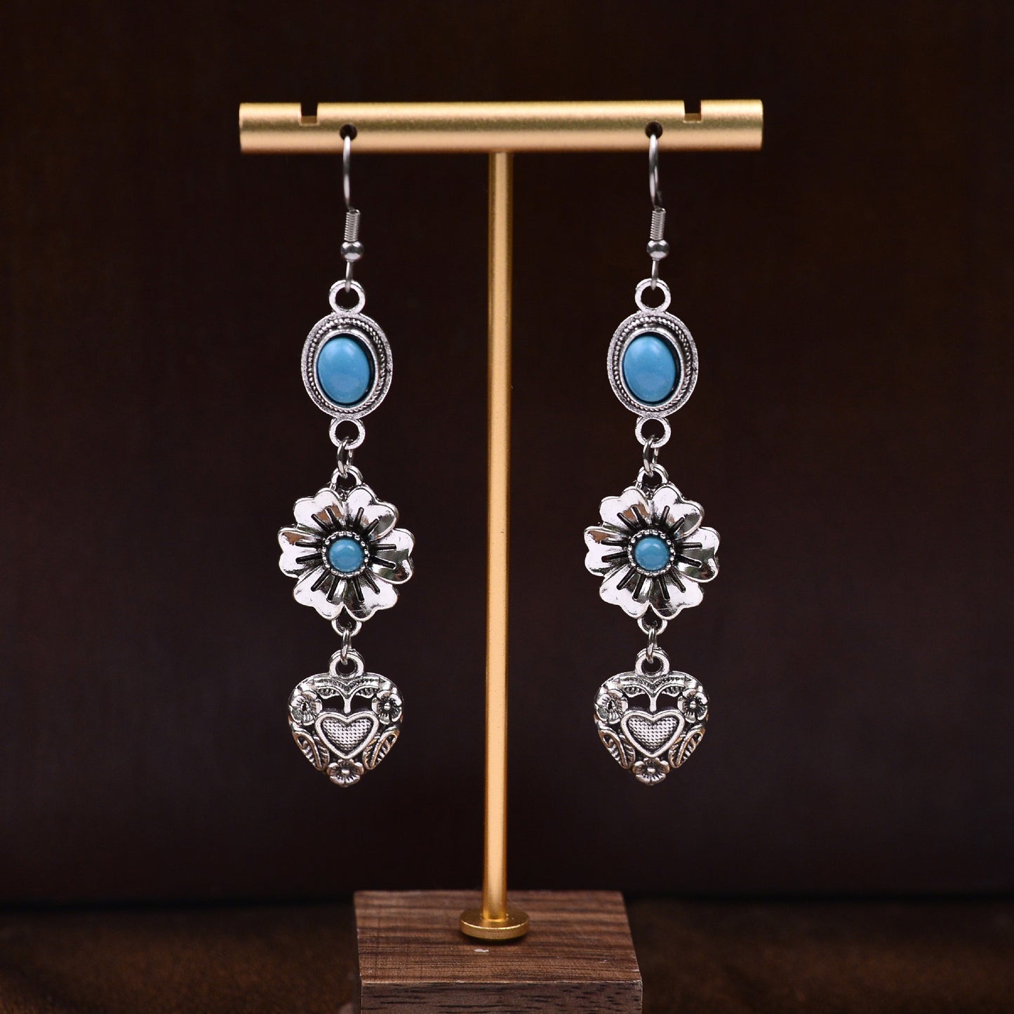 Bohemian Elegant Distressed Texture Flower Love With Turquoise Earrings
